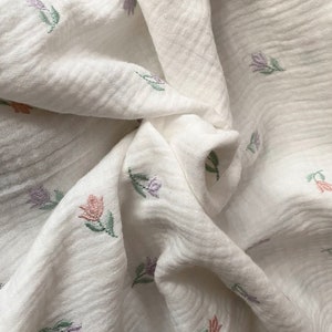 Unique pieces Tulips embroidered muslin fabric cotton - double gauze crinkle muslin