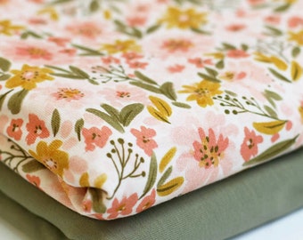 Fabric cotton jersey with flowers flowers flower meadow design white pink green yellow colorful dress fabric