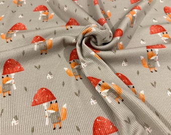 Mushroom Foxes Rib Jersey Fabric - Watercolor half yard