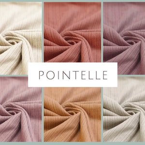 May include: Close-up of six fabric swatches in various shades of beige, pink, and orange. The fabric has a textured, ribbed pattern and is labeled "POINTELLE".