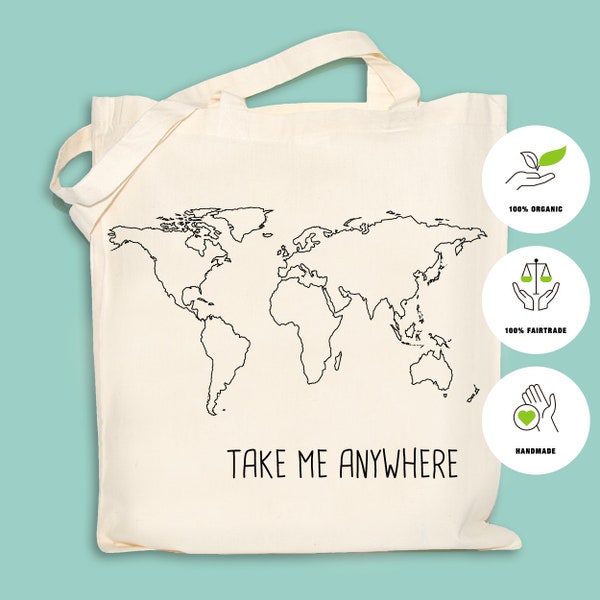 Jutebeutel Weltkarte - TAKE ME ANYWHERE - Stoffbeutel mit Siebdruck von Hand | Baumwolltasche | Tragetasche | Tasche | Beutel - Biobaumwolle