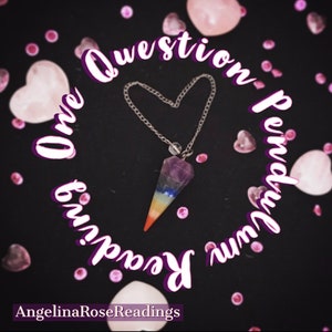May include: One Question Pendulum Readings by AngelinaRoseReadings. A rainbow crystal pendulum hangs from a silver chain against a black background with pink hearts scattered around it.