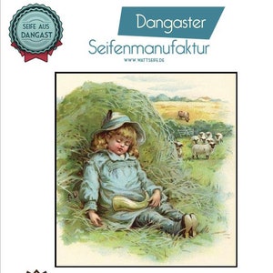 Könnte beinhalten: Eine Vintage-Illustration eines schlafenden Kindes in einem Heufeld. Das Kind trägt ein blaues Kleid und einen Hut. Im Hintergrund sind Schafe zu sehen. Der Text "Haferflöckchenseife Made aus DANGAST" befindet sich am unteren Rand des Bildes.
