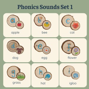 May include: Wooden educational set featuring phonics sounds. Each set includes a wooden disc with a letter and a matching illustration. The set includes the letters a-i, with corresponding images of an apple, bee, cat, dog, egg, flower, grass, hat, and igloo.