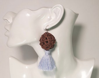 Tassle earrings, Blue tassel earrings, Rattan earrings, Wicker earrings, Straw earrings, Geometric earrings, Statement earrings