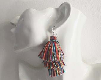 Rainbow layered tassel fringe dangle earrings for women