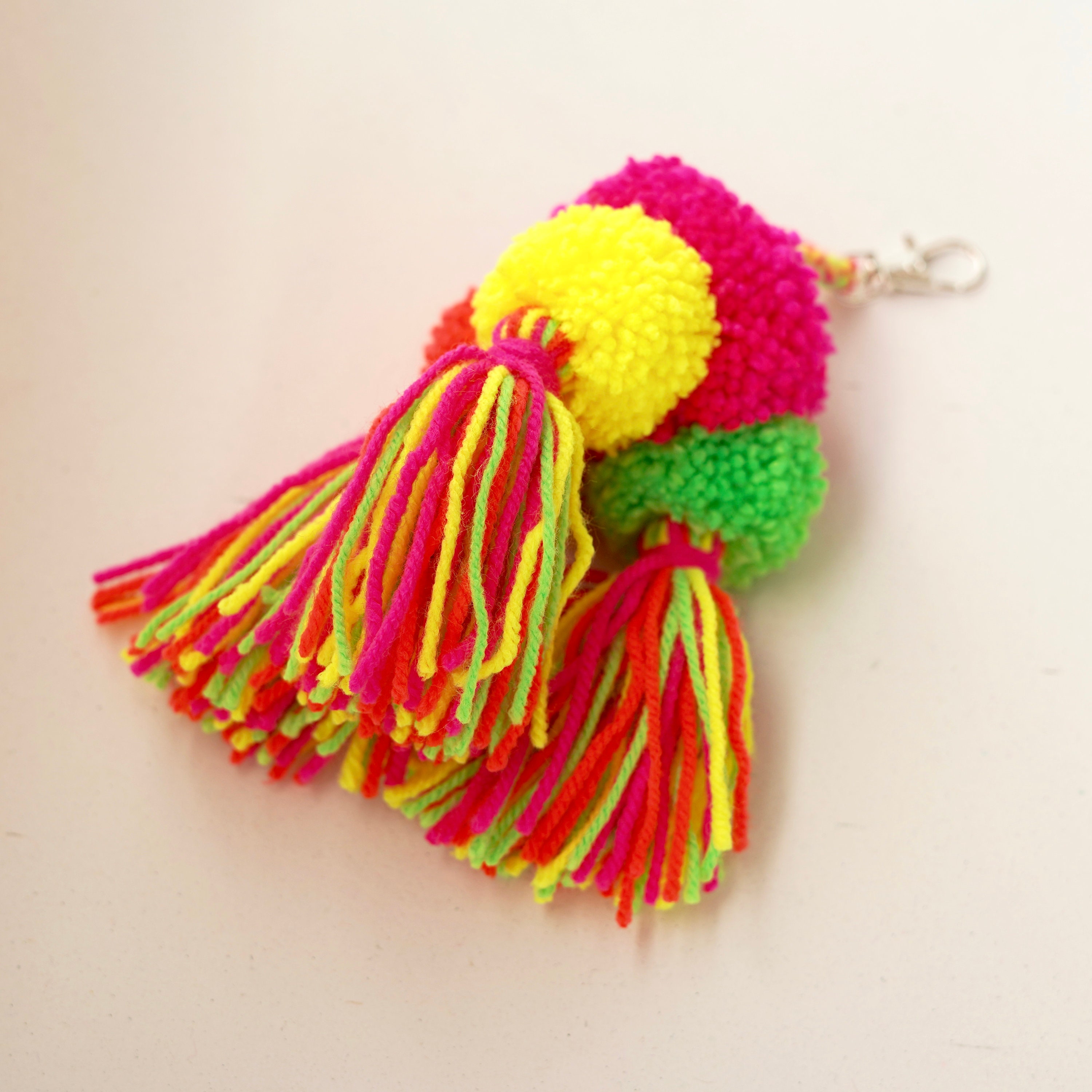 Large Neon Pom Pom Keychain Pom Pom Straw Bag Charm Bright Etsy