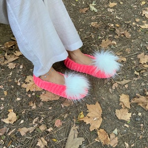 Handmade Crochet Ballet Slippers: Pink Cotton Home Shoes with Pom Poms