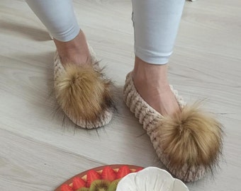 Pom Poms Beige cute Woman slippers- house shoes- Fluffy slippers socks -Birthday Mother Gifts-Gifts for Sister- Natural Ladies knit slipper