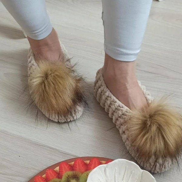 Pom Poms Beige cute Woman slippers- house shoes- Fluffy slippers socks -Birthday Mother Gifts-Gifts for Sister- Natural Ladies knit slipper