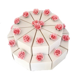 Schachteltorte Etagentorte Geschenkschachteln Gastgeschenke Tischdekoration Papeirtorte Geldgeschenk Kindergeburtstag Mulberry Rosen 35 mm Weiß Pearl + Rosen