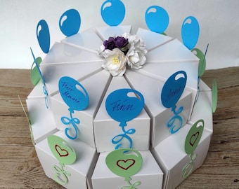 Schachteltorte Etagentorte Geschenkschachteln Gastgeschenke Tischdekoration Luftballons Geldgeschenk Kindergeburtstag Hochglanz