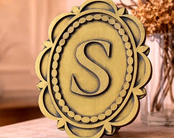 Old Gold Framed Monogram Wall Charm, Vintage Initial Wall Seal, Scalloped Family Name Sign