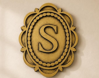 Antique Gold Monogram Wall Decor, Scalloped Initial Sign, Personalized Letter Plaque