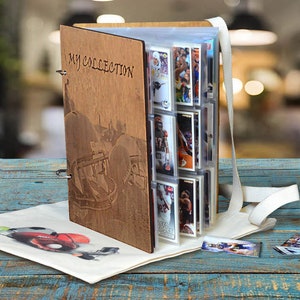 Sportkaartbinder, voetbalruilkaartbinder, gegraveerde houten binder voor rugbykaartencollectie met tas, 9 zakmouwen