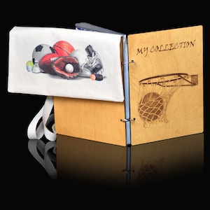 Basketbal ruilkaartbinder, gegraveerde houten binder voor basketbalkaartcollectie met tas, sportkaartbinder