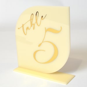 Wedding Table Acrylic Ivory Number Sign with Gold Text and Stand