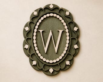 Monogram Wall Decor, Wooden Initial Sign, Personalized Letter, Vintage Scalloped Plaque