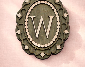 Letter Wall Charm, Vintage Initial Plaque in Scalloped Frame