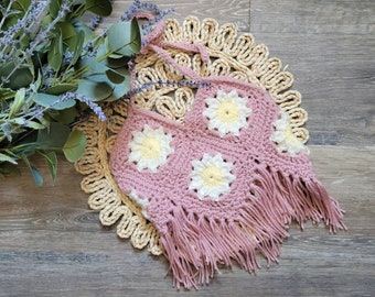 Pink Crochet Fringe Crop Top, Toddler Halter Top, Summer Crop Top for Kids, Halter Photo Prop, Halter Top, Floral Granny Square Fringe Top
