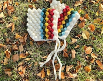 Crochet bobble baby pixie rainbow bonnet, Custom made to order
