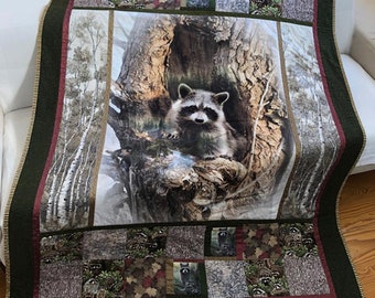 UNIQUE*Dreamlike cuddly blanket*Quilt blanket*Patchwork blanket*Raccoons Wildlife*147 x 198 cm (W x L)*Elaborate*High-quality cotton fabrics