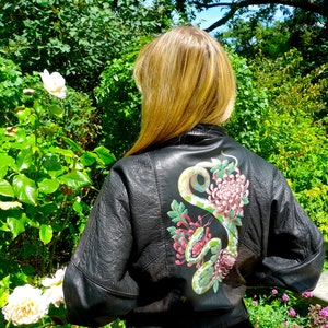 Vintage leather jacket for women customized hand painting snake pattern and chrysanthemums