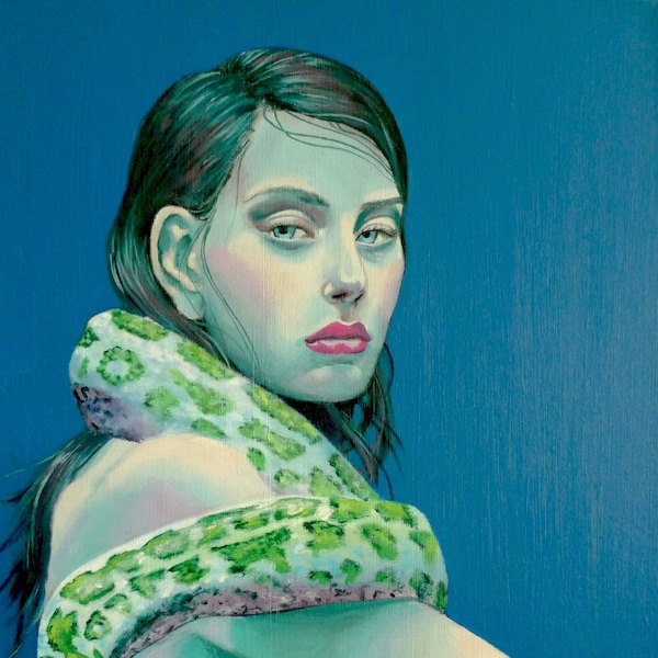 Peinture originale, Femme au serpent, acrylique sur toile, 30 x 40 cm
