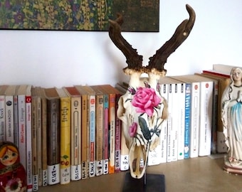 Vintage deer skull hand painted with acrylic paint delicate rose pattern inspired by an old botanical plate