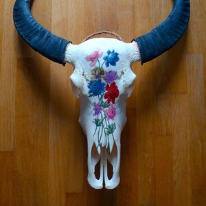 Amazing water buffalo skull painted with acrylic brush and antique botanical print of anemones