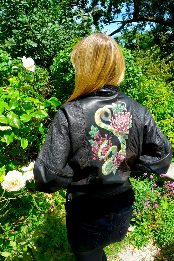 Vintage Leather Jacket for Women Customized Hand Painting Snake