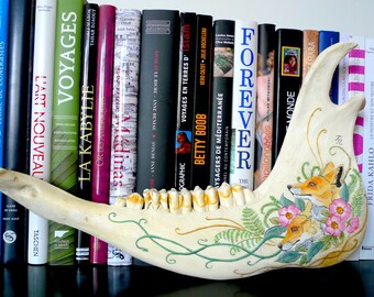 Hand painted Highland cattle bull lower jaw with foxes, wild rose and fern motif