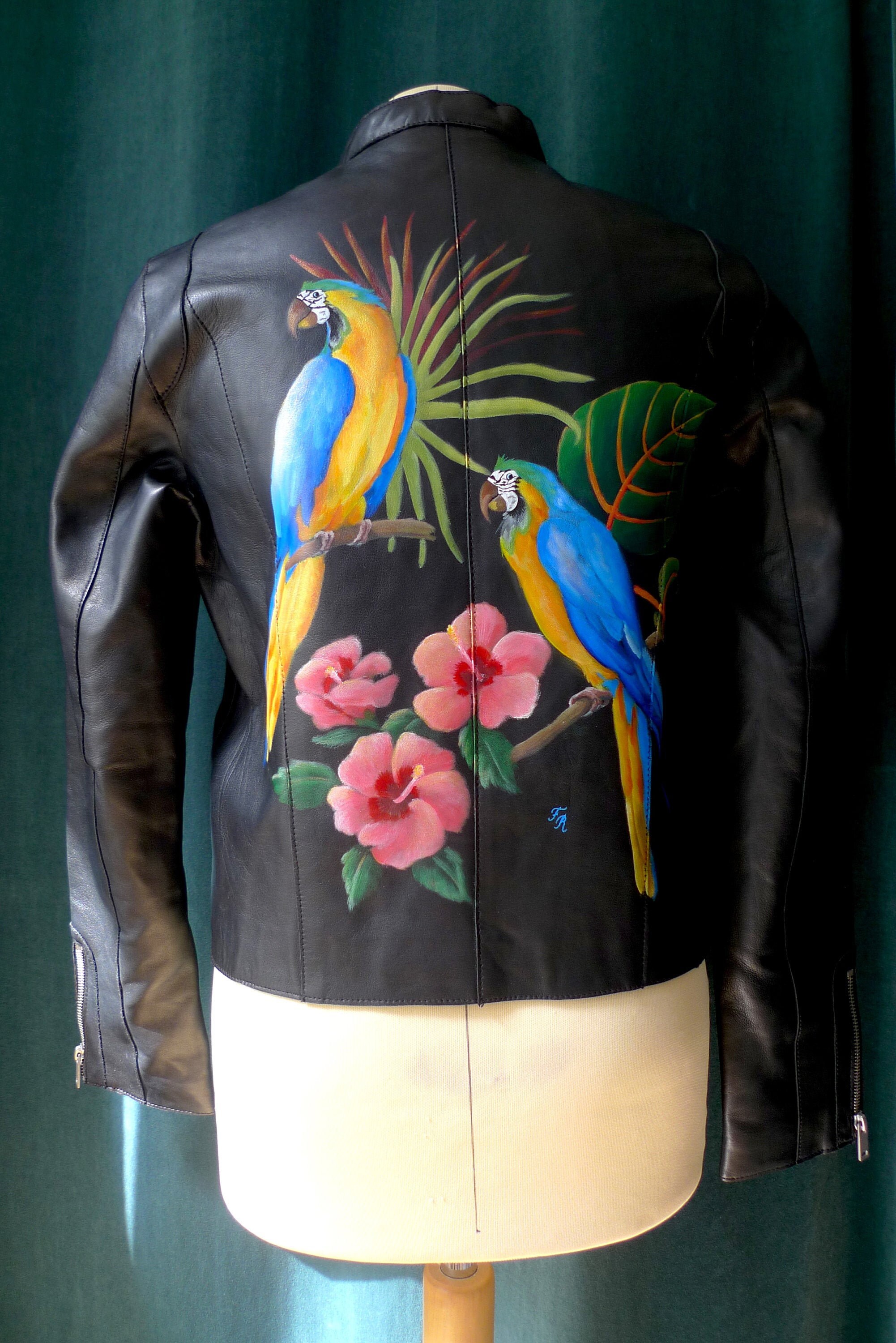 Leather Jacket for Women Customized Hand Painting Parrot