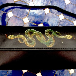 Handmade bag with black leather shoulder strap for women hand painted pattern of intertwined snakes