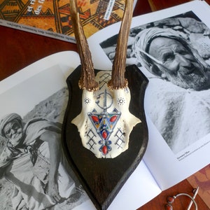 May include: A white deer skull mounted on a wooden plaque with a colorful geometric design painted on it. The skull is surrounded by antlers. The plaque is hanging on a wall with a book and a photo below it.