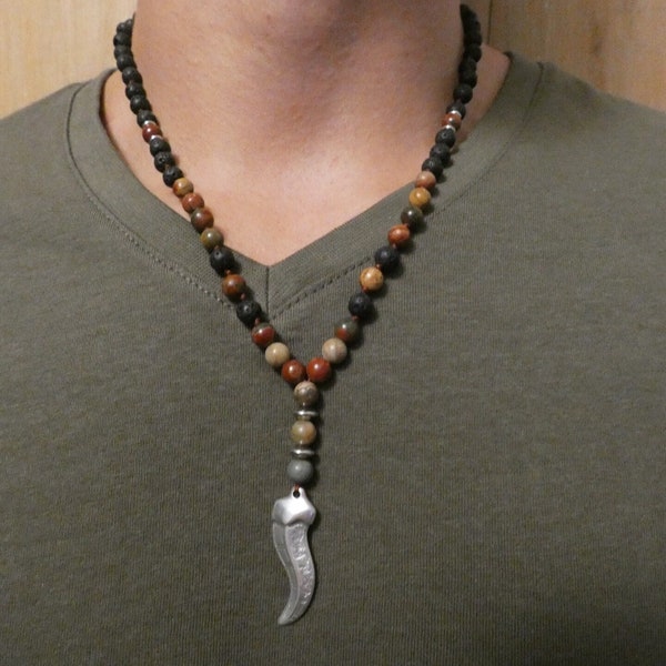 Collier homme en pierre naturelles/bijoux pour homme/tour de cou /jaspe multicolore /pierre de lave /style bohéme