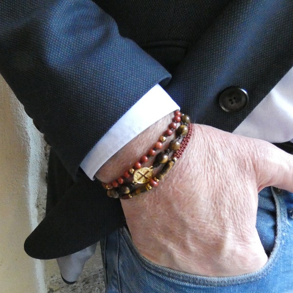 Bracelet pour homme de " protection" pierre naturelle oeil de tigre et jaspe