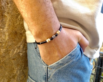 Bracelet tressé, simple pour homme en pierre naturelle agate noire et nacre