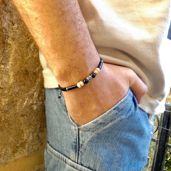 Bracelet tressé, simple pour homme en pierre naturelle agate noire et nacre