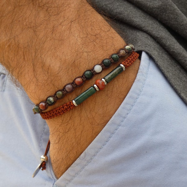 Bracelet pour homme en pierre naturelle : agate et jaspe rouge