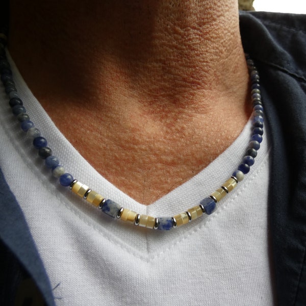 Collier homme /collier fin/mi-long /pierre naturelle /bijoux tendance/ perles Sodalite bleu/fabrication française