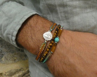 Pulsera para hombre en ojo de tigre natural y piedras turquesas