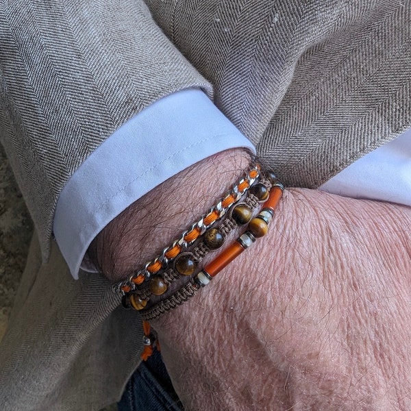 Bracelet triple  homme en pierre naturelle oeil de tigre, cornaline et chaîne