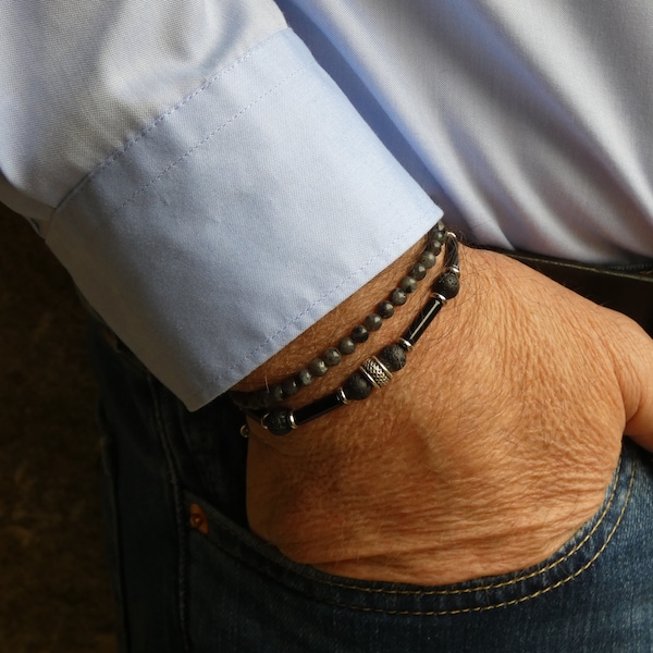 Bracelet pour homme deux rangs en labradorite grise, agate et lave