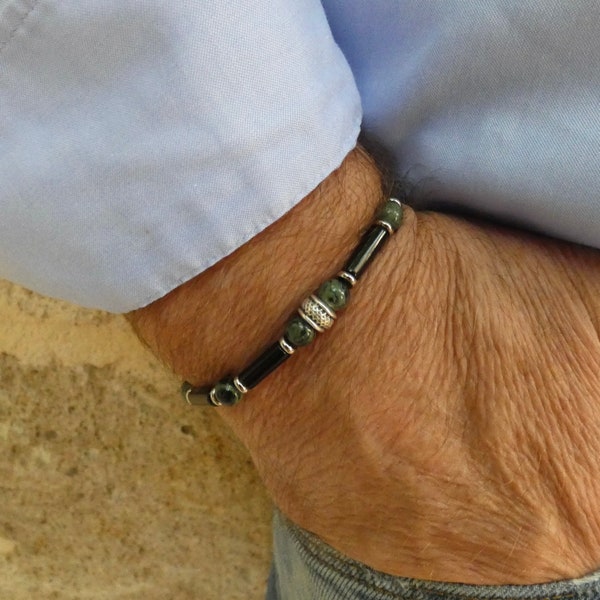 Bracelet  simple pour homme en pierre naturelle de agate noir et jaspe kambaba