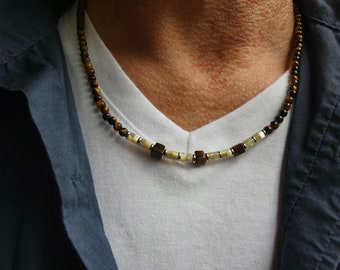 Collier homme /collier fin/mi-long /pierre naturelle /bijoux tendance/ perles oeil de tigre /fabrication française
