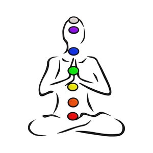 May include: A line drawing of a person in a yoga pose with seven colored circles representing the seven chakras. The chakras are located at the crown, third eye, throat, heart, solar plexus, sacral, and root.