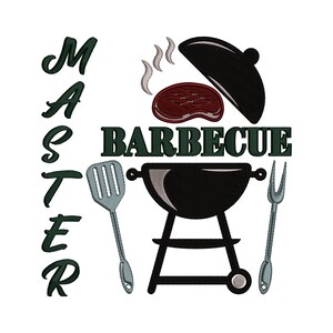 May include: A black and green embroidery design featuring a grill, spatula, fork, and a steak with the text "MASTER BARBECUE".