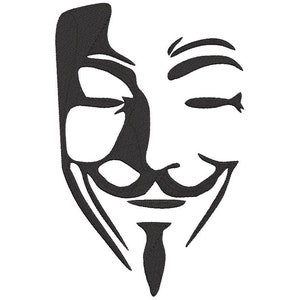 May include: A black and white illustration of a stylized face wearing a mask. The mask has a wide smile and a goatee. The face is winking.