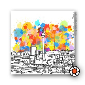 Berlin picture on wooden board - Berlin skyline picture on wood: Colorful, colourful and cheerful - The original Berligram with the white border